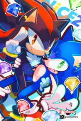Size: 676x1000 | Tagged: safe, artist:alisa006, shadow the hedgehog, sonic the hedgehog, hedgehog, 2026, chaos emerald, duo, ear piercing, earring, gay, holding each other, looking at viewer, male, one fang, salute, shadow x sonic, shipping, smile, sparkles, v sign