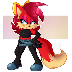 Size: 2000x2000 | Tagged: safe, artist:yoshiyoshi700, fiona fox, fox, 2026, female, hand on hip, looking offscreen, signature, smile, solo, solo female, standing
