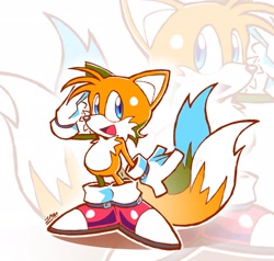 Size: 2048x1947 | Tagged: safe, artist:soihanp, miles "tails" prower, fox, 2026, classic sonic (universe), classic tails, echo background, gloves, looking at viewer, male, mouth open, open smile, salute, shoes, signature, socks, solo, standing