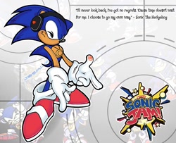 Size: 1200x975 | Tagged: safe, artist:luluwaterwoman, sonic the hedgehog, hedgehog, 2026, dreamcast logo, english text, eyes closed, fingergun, headphones, male, necklace, posing, ring, smile, solo, sonic jam, standing, text