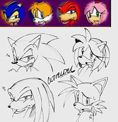 Size: 723x750 | Tagged: safe, artist:cutieidel, amy rose, knuckles the echidna, miles "tails" prower, sonic the hedgehog, echidna, fox, hedgehog, sonic shuffle, 2026, amy is not amused, angry, cross popping vein, faic, female, frown, grey background, group, headshot, knuckles is not amused, line art, looking at viewer, male, monochrome, mouth open, redraw, reference inset, signature, simple background, sonic is not amused, squiggle, squinting, sweatdrop, tails is not amused, tears, unamused