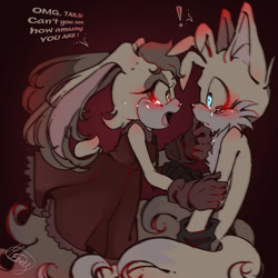 Size: 811x811 | Tagged: safe, artist:mercybhk, cream the rabbit, miles "tails" prower, oc, oc:villain miles, fox, rabbit, comic:where was my hero?, aged up, alternate universe, blushing, cream x tails, crying, dialogue, duo, english text, exclamation mark, female, finger under chin, frown, gradient background, looking at each other, mouth open, older, shipping, signature, straight, talking, tears, text