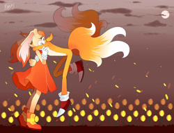 Size: 3000x2301 | Tagged: safe, artist:mercybhk, cream the rabbit, miles "tails" prower, oc, oc:villain miles, fox, rabbit, comic:where was my hero?, aged up, alternate universe, clouds, cream x tails, duo, female, flower, hugging, male, mid-air, moon, mouth open, nighttime, outdoors, petals, ponytail, shipping, signature, standing, straight, surprise hug, surprised