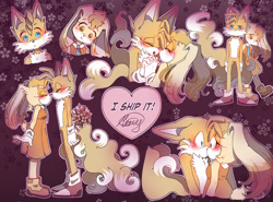 Size: 810x600 | Tagged: safe, artist:mercybhk, cream the rabbit, miles "tails" prower, oc, oc:villain miles, fox, rabbit, comic:where was my hero?, alternate universe, blushing, blushing ears, bouquet, cream x tails, duo, ear fluff, english text, female, floppy ears, flower, gradient background, heart, holding hands, holding something, kiss, kiss on cheek, male, outline, shipping, signature, standing, straight, surprise kiss, surprised, text