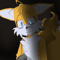 Size: 1280x1280 | Tagged: safe, artist:gabbie6543mimic, miles "tails" prower, oc, oc:villain miles, fox, comic:where was my hero?, 2025, alternate universe, dark bags under eyes, gradient background, lidded eyes, looking offscreen, male, smile, solo, standing
