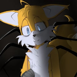 Size: 1280x1280 | Tagged: safe, artist:gabbie6543mimic, miles "tails" prower, oc, oc:villain miles, fox, comic:where was my hero?, 2025, alternate universe, alternate version, dark bags under eyes, gradient background, lidded eyes, looking offscreen, male, smile, solo, standing