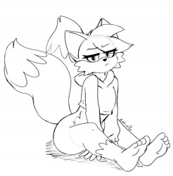 Size: 2070x2102 | Tagged: safe, artist:bulluppa, miles "tails" prower, fox, 2020, aged up, barefoot, bottomless, cropped hoodie, eye clipping through hair, eyebrow clipping through hair, eyelashes, frown, hand on ground, lidded eyes, line art, looking at viewer, male, midriff, monochrome, signature, simple background, sitting, solo, tails is not amused, unamused, white background