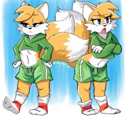 Size: 2948x2718 | Tagged: safe, artist:bulluppa, miles "tails" prower, fox, 2020, aged up, arms folded, cropped hoodie, duality, eye clipping through hair, eyebrow clipping through hair, eyelashes, femboy, frown, hands on hips, lidded eyes, looking offscreen, male, midriff, mouth open, one fang, shorts, signature, socks, solo, standing, standing on one leg, tails is not amused, unamused