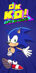 Size: 720x1440 | Tagged: safe, artist:jpninja426, sonic the hedgehog, hedgehog, 2021, crossover, hand on hip, hand out, looking at viewer, male, ok k.o.! let's be heroes, smile, solo, standing, standing on one leg, treads, wallpaper