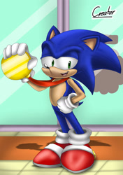 Size: 1280x1821 | Tagged: safe, artist:krimadraws, sonic the hedgehog, hedgehog, 2019, hand on hip, holding something, let's meet sonic, lidded eyes, male, medal, mouth open, ok k.o.! let's be heroes, one fang, open smile, signature, smile, solo, standing, window