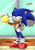 Size: 1280x1821 | Tagged: safe, artist:krimadraws, sonic the hedgehog, hedgehog, 2019, hand on hip, holding something, let's meet sonic, lidded eyes, male, medal, mouth open, ok k.o.! let's be heroes, one fang, open smile, signature, smile, solo, standing, window