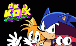 Size: 1920x1163 | Tagged: safe, artist:doryan nelson, miles "tails" prower, sonic the hedgehog, fox, hedgehog, human, black background, crossover, eye clipping through clothes, kaio kincaid, let's meet sonic, looking at viewer, male, mouth open, ok k.o.! let's be heroes, open smile, simple background, smile, trio, waving