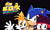 Size: 1920x1163 | Tagged: safe, artist:doryan nelson, miles "tails" prower, sonic the hedgehog, fox, hedgehog, human, black background, crossover, eye clipping through clothes, kaio kincaid, let's meet sonic, looking at viewer, male, mouth open, ok k.o.! let's be heroes, open smile, simple background, smile, trio, waving