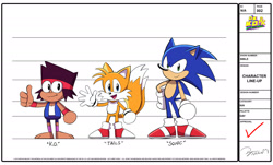 Size: 1920x1163 | Tagged: safe, artist:doryan nelson, miles "tails" prower, sonic the hedgehog, fox, hedgehog, human, crossover, eye clipping through clothes, hand on hip, kaio kincaid, let's meet sonic, looking at viewer, male, ok k.o.! let's be heroes, smile, standing, thumbs up, trio, waving