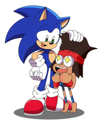 Size: 644x750 | Tagged: safe, artist:risziarts, sonic the hedgehog, hedgehog, human, 2019, crossover, duo, eye clipping through hair, eyebrow clipping through clothes, hand on head, kaio kincaid, let's meet sonic, looking at each other, male, mouth open, ok k.o.! let's be heroes, open smile, shadow (lighting), simple background, smile, standing, style emulation, transparent background