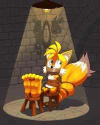 Size: 1024x1280 | Tagged: safe, artist:whistleristler, miles "tails" prower, fox, 2018, ball gag, barefoot, bondage, brick wall, cellar, chain, chair, gagged, gloves off, indoors, light, male, rope, sitting, solo, stool, tape, tape gag, tied up