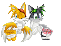 Size: 2600x1950 | Tagged: safe, artist:vagabondwolves, miles "tails" prower, oc, oc:shadz the fox, fox, bandage, barefoot, bondage, duo, eyewear on head, frown, gagged, goggles, goggles on head, heterochromia, male, one eye closed, pawpads, paws, simple background, sitting, sonic boom (tv), sports tape, sweatdrop, transparent background