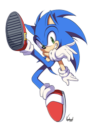 Size: 1000x1300 | Tagged: safe, artist:vagabondwolves, sonic the hedgehog, hedgehog, 2019, clenched teeth, gloves, leg up, looking at viewer, male, mid-air, posing, redraw, shoes, signature, simple background, smile, socks, solo, super smash brothers ultimate, transparent background, treads