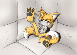 Size: 830x592 | Tagged: safe, artist:vagabondwolves, miles "tails" prower, fox, 2020, barefoot, bondage, claws, gagged, lidded eyes, looking at viewer, male, messy fur, padded cell, pawpads, paws, shackles, solo, straight jacket, sweatdrop, tied up