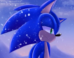 Size: 735x570 | Tagged: safe, artist:vagabondwolves, sonic the hedgehog, hedgehog, clouds, frown, lidded eyes, looking offscreen, male, outdoors, sad, side view, snow, solo, standing