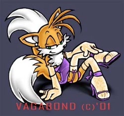 Size: 318x298 | Tagged: safe, artist:vagabond01, miles "tails" prower, fox, 2001, arm sleeves, crossdressing, dress, ear piercing, femboy, garter, heels, lidded eyes, looking at viewer, male, posing, purple background, ring (jewelry), simple background, smile, solo, stockings