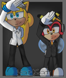 Size: 1280x1506 | Tagged: safe, artist:yarat14, charmy bee, ray the flying squirrel, bee, flying squirrel, squirrel, 2026, clothes, duo, duo male, fully clothed, gradient background, lidded eyes, looking at viewer, male, pose, salute, smile, suit, tie, watermark