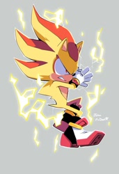 Size: 640x934 | Tagged: safe, artist:john mcdevitt, shadow the hedgehog, super shadow, 2026, aura, clenched teeth, frown, grey background, looking offscreen, male, signature, simple background, solo, solo male, super form