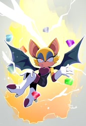Size: 640x934 | Tagged: safe, artist:john mcdevitt, rouge the bat, bat, aura, chaos emerald, female, flying, glowing eyes, gradient background, looking at viewer, mid-air, solo, solo female, sparkles, super form, super rouge