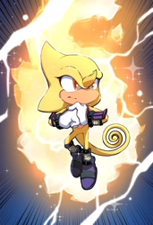 Size: 640x934 | Tagged: safe, artist:john mcdevitt, espio the chameleon, aura, chameleon, cracking knuckle, flying, looking offscreen, male, mid-air, solo, solo male, sparkles, super espio, super form