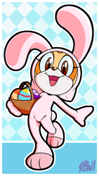 Size: 1440x2560 | Tagged: safe, artist:fourball, cream the rabbit, rabbit, 2025, basket, blushing, border, brown nose, creamabetes, cute, easter, easter basket, easter egg, egg, female, holding something, kigurumi, mouth open, open smile, outline, paws, signature, smile, smiling at viewer, solo, solo female