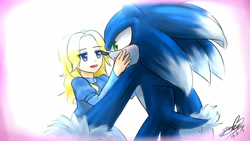 Size: 1024x576 | Tagged: safe, artist:icy-cream-24, maria robotnik, sonic the hedgehog, hedgehog, human, 2015, age difference, blushing, duo, duo male and female, female, looking at each other, male, maria x sonic, shipping, signature, simple background, straight, were form, werehog, white background