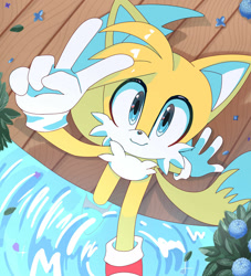 Size: 1280x1407 | Tagged: safe, artist:mary7ka55778, miles "tails" prower, fox, 2026, cute, daytime, flower, leaf, looking at viewer, looking up, looking up at viewer, male, outdoors, petal, plant, sitting, solo, solo male, tailabetes, v sign, water