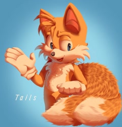 Size: 1699x1773 | Tagged: safe, artist:xndsa, miles "tails" prower, fox, 2023, character name, english text, gradient background, lineless, looking at viewer, male, mouth open, one fang, open smile, smile, smiling at viewer, solo, solo male, standing, text, whiskers