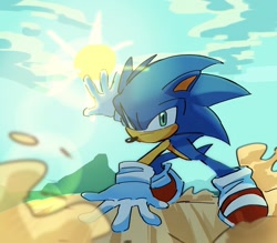 Size: 1536x1346 | Tagged: safe, artist:peachblossomlotion, sonic the hedgehog, hedgehog, 2026, clouds, daytime, hand on ground, looking at viewer, male, outdoors, posing, solo, solo male, sun