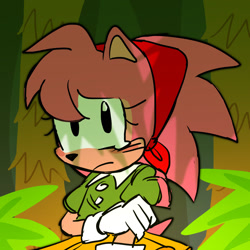 Size: 1280x1280 | Tagged: safe, artist:peachblossomlotion, amy rose, hedgehog, 2025, alternate universe, au:hibiscus, blushing, classic amy, classic sonic (universe), clothes, crying, daytime, eyelashes, female, holding arm, outdoors, plant, sad, skirt, solo, solo female, standing, tears, tears of sadness