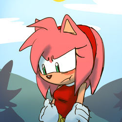 Size: 1280x1280 | Tagged: safe, artist:peachblossomlotion, amy rose, hedgehog, 2025, alternate universe, arms folded, au:hibiscus, brown nose, clothes, clouds, daytime, dress, eyelashes, female, frown, looking down, outdoors, pout, sad, solo, solo female, sun
