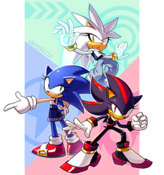 Size: 2000x2129 | Tagged: safe, artist:siggiedraws, shadow the hedgehog, silver the hedgehog, sonic the hedgehog, hedgehog, 2026, clenched fist, clenched teeth, clothes, eyelashes, female, females only, flying, frown, gender swap, looking at viewer, mid-air, pointing, posing, psychokinesis, smile, standing, trio, trio female