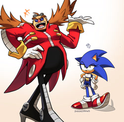Size: 2000x1979 | Tagged: safe, artist:siggiedraws, robotnik, sonic the hedgehog, hedgehog, human, 2026, clothes, duo, duo female, female, females only, frown, gender swap, gradient background, hand on hip, mouth open, open smile, signature, smile, sonic is not amused, squiggle, tapping foot, unamused