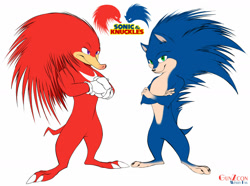 Size: 1600x1192 | Tagged: safe, artist:gunzcon, knuckles the echidna, sonic the hedgehog, echidna, hedgehog, 2017, arm fluff, arms folded, barefoot, claws, cracking knuckle, duo, duo male, ear fluff, eyebrow fluff, flat colors, gloves off, looking at viewer, looking offscreen, male, males only, paws, redesign, simple background, smile, smiling at viewer, sonic and knuckles (1994), white background