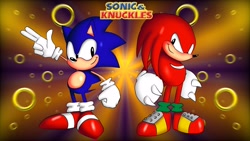 Size: 3840x2160 | Tagged: safe, artist:exhaloart, knuckles the echidna, sonic the hedgehog, echidna, hedgehog, 2024, classic knuckles, classic sonic, classic sonic (universe), clenched fists, duo, duo male, fingergun, looking at viewer, male, males only, ring, smile, sonic and knuckles (1994), standing