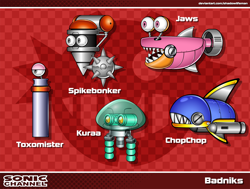 Size: 2590x1956 | Tagged: safe, artist:shadowlifeman, 2021, agender, agender only, badnik, character name, chopchop, group, jaws, kuraa, robot, sonic channel style, spikebonker, style emulation, text, toxomister