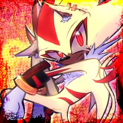 Size: 2048x2048 | Tagged: safe, artist:learyaxyz, shadow the hedgehog, super shadow, hedgehog, 2026, abstract background, chest fluff, ear fluff, ear piercing, earring, eyelashes, frown, long tail, looking at viewer, male, neck fluff, one fang, solo, solo male, super form