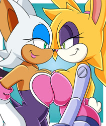 Size: 828x983 | Tagged: suggestive, artist:sonicguru, bunnie rabbot, rouge the bat, breast squish, breasts