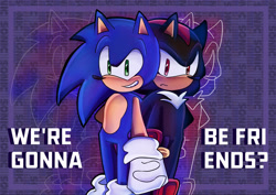 Size: 1280x905 | Tagged: safe, artist:chocolatedonut8585, shadow the hedgehog, sonic the hedgehog, hedgehog, 2024, duo, english text, frown, holding hands, looking at viewer, male, question mark, smile, standing, text