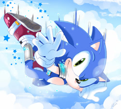 Size: 1280x1146 | Tagged: safe, artist:piink-rose, sonic the hedgehog, hedgehog, 2026, arms out, clouds, daytime, falling, fortnite, looking at viewer, male, outdoors, signature, smile, smiling at viewer, solo, star (symbol), treads