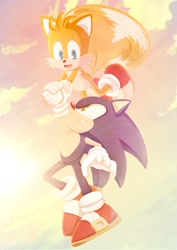 Size: 1450x2048 | Tagged: safe, artist:ra_ra_111, miles "tails" prower, sonic the hedgehog, fox, hedgehog, 2018, carrying them, clenched teeth, clouds, daytime, duo, flying, holding each other, holding hands, looking at each other, male, mid-air, mouth open, open smile, outdoors, smile, smiling at each other, spinning tails