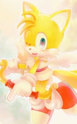 Size: 932x1489 | Tagged: safe, artist:ra_ra_111, miles "tails" prower, fox, 2018, angel, angel wings, blushing, bow (weapon), cute, holding something, looking at viewer, male, mouth open, open smile, pointing, robe, smile, smiling at viewer, solo, tailabetes, weapon, wings, wink
