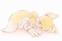 Size: 1781x1182 | Tagged: suggestive, artist:ra_ra_111, miles "tails" prower, fox, 2018, ass up, blushing, gradient background, hand on ground, lidded eyes, looking at viewer, male, mouth open, musk cloud, panting, shoes off, solo, sweatdrop, tongue out