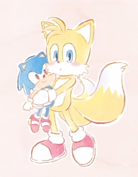 Size: 1498x1920 | Tagged: safe, artist:ra_ra_111, miles "tails" prower, sonic the hedgehog, fox, 2018, blushing, cute, holding something, looking at viewer, male, outline, solo, standing, stuffed animal, tailabetes