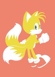 Size: 1383x1918 | Tagged: safe, artist:ra_ra_111, miles "tails" prower, fox, 2018, clenched fists, lineless, looking at viewer, looking back, looking back at viewer, male, red background, simple background, smile, solo, standing, tan nose